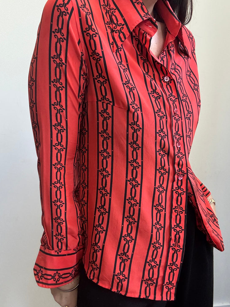 Vintage Celine Silk Red and Black Printed Button Up Size S
