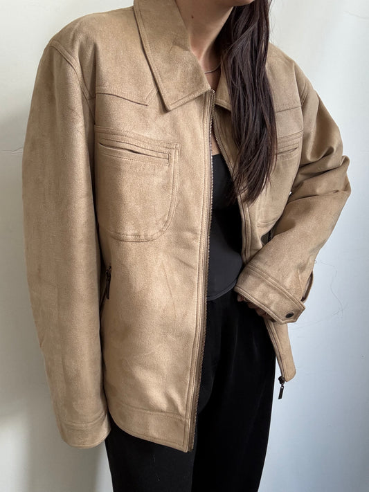 Vintage Faux Tan Suede Bomber Jacket Size Medium