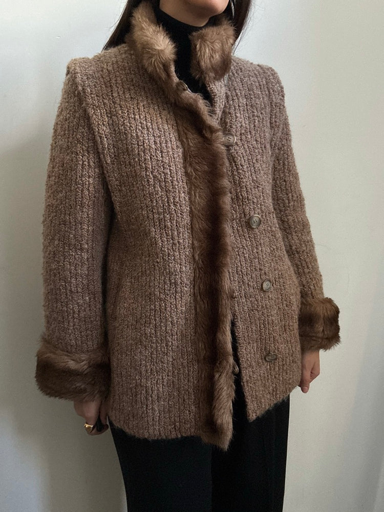 Vintage Wool Knit Faux Fur Trimmed Jacket Size Medium