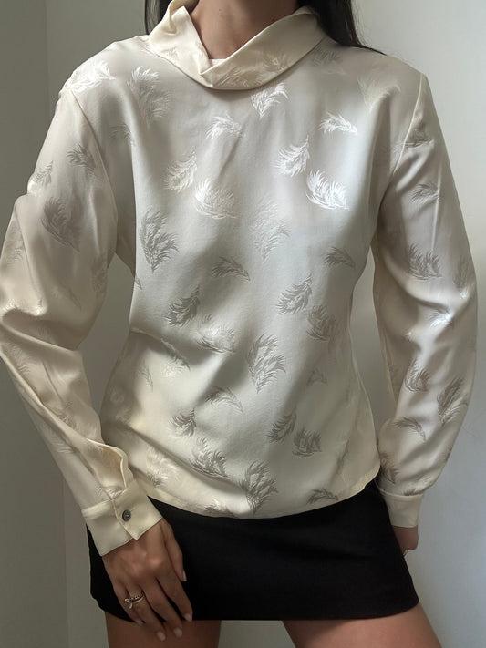 Vintage Ivory Silk Printed Blouse Size Small