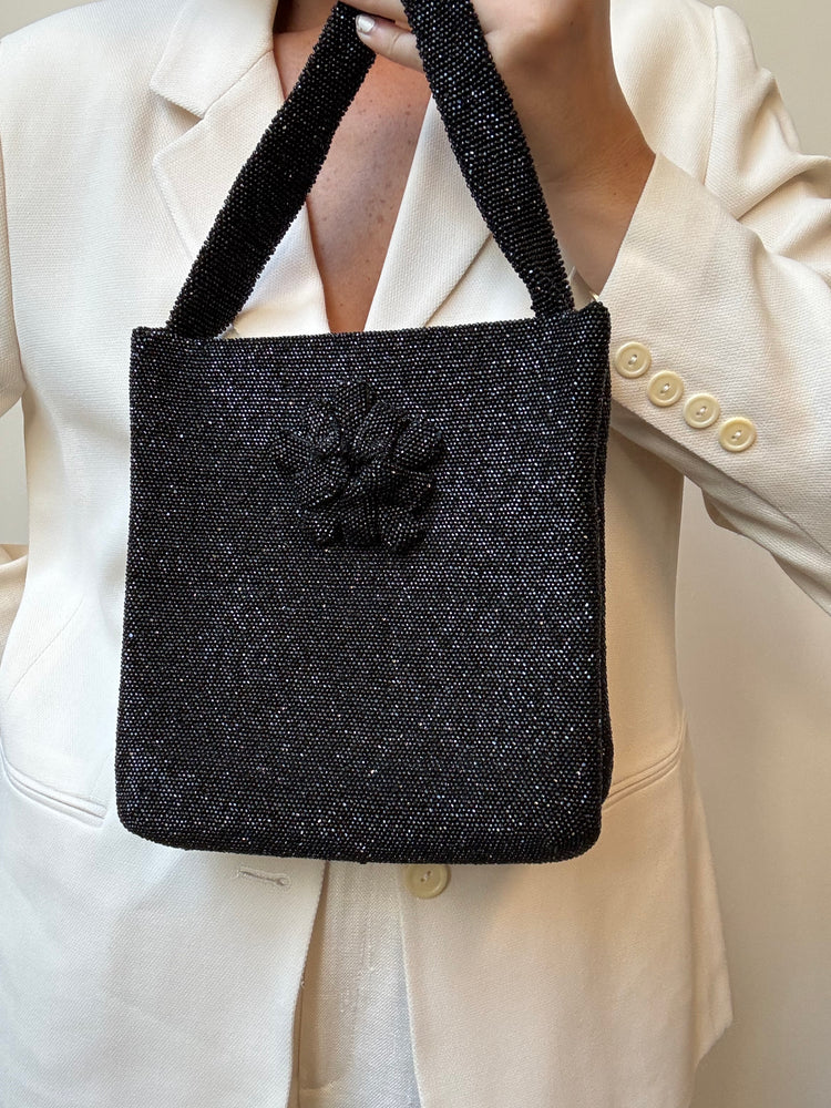Vintage Black Beaded Square Structured Handbag