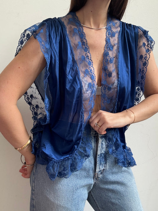 Vintage Royal Blue Sheer & Lace Evening Blouse Size Medium