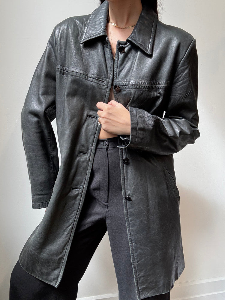 Vintage Black Leather Button-Up Jacket Size M