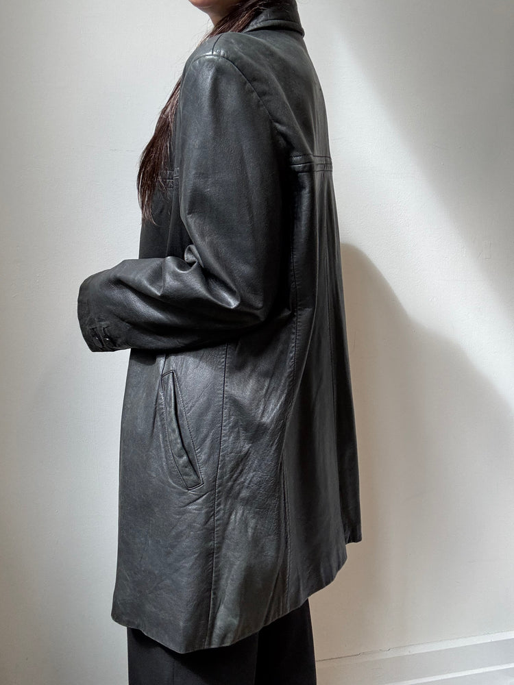 Vintage Black Leather Button-Up Jacket Size M
