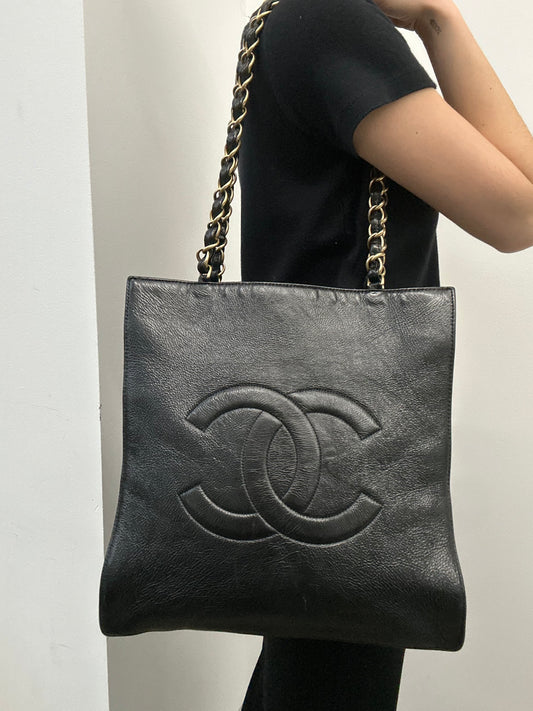 Chanel 2020 Black Calfskin Leather Vertical Tote Bag