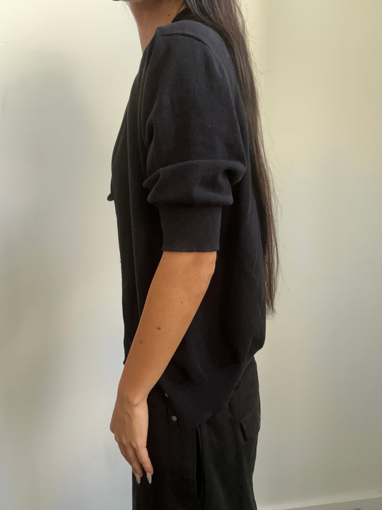 Vintage Black Quarter Sleeve Rib V-neck Sweater Size Medium