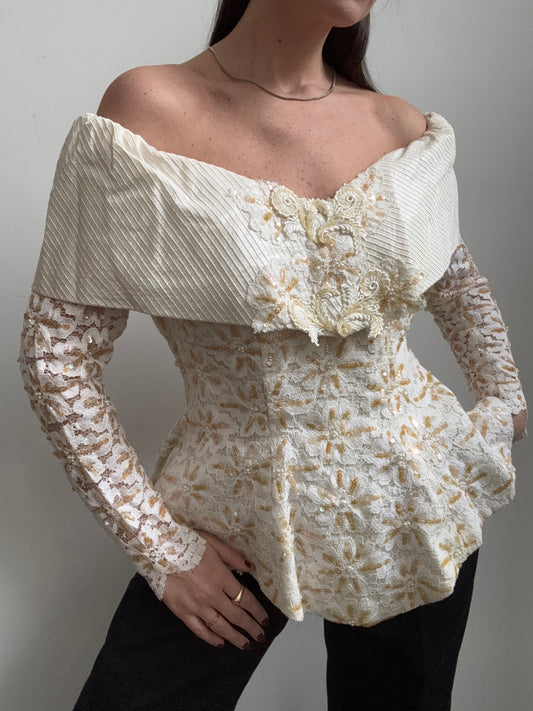 Vintage Ivory Off the Shoulder 80's Top Large