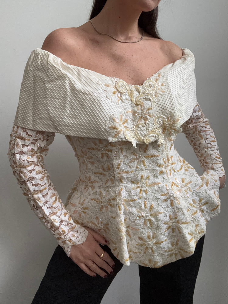 Vintage Ivory Off the Shoulder 80's Top Large