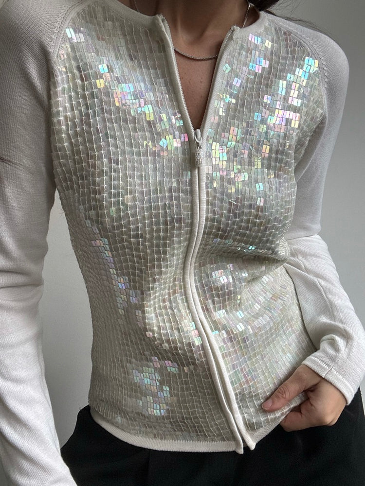 Vintage White Sequin Zip-Up Cardigan Size Medium