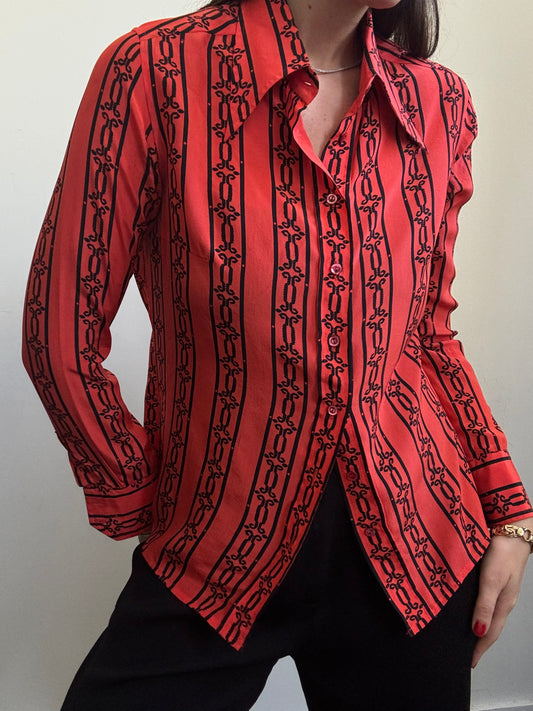 Vintage Celine Silk Red and Black Printed Button Up Size S