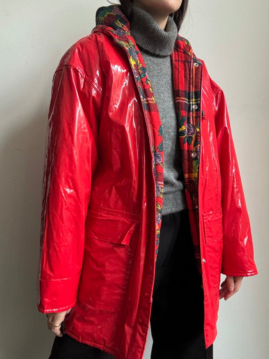 Vintage Red Raincoat With Red Plaid Interior Size Medium