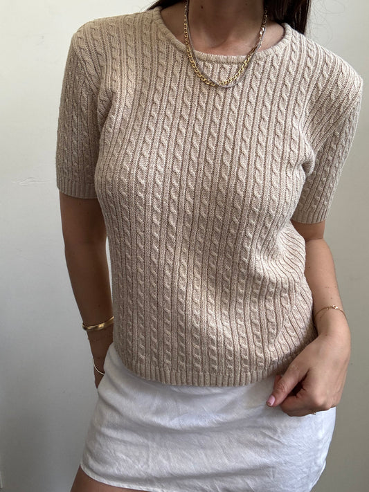 Vintage Beige Cable Knit Cotton Short Sleeve Sweater Size Medium