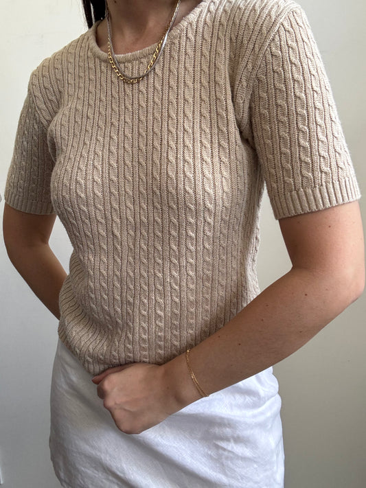 Vintage Beige Cable Knit Cotton Short Sleeve Sweater Size Medium