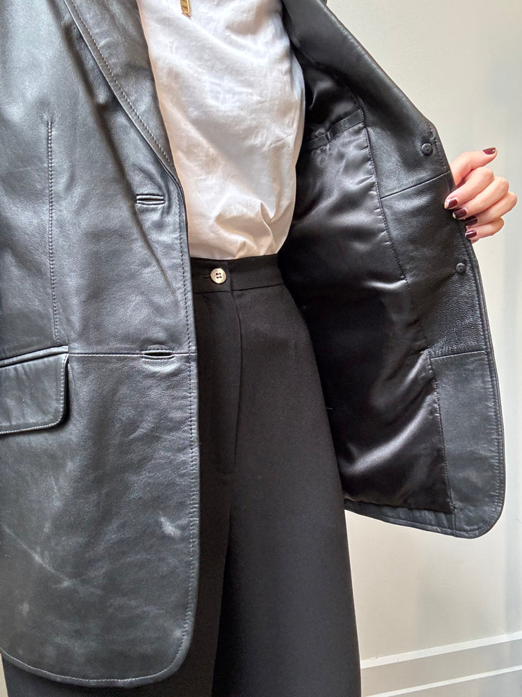Vintage Black Leather Mid-Length Blazer Sizer M