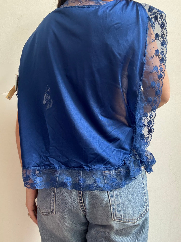 Vintage Royal Blue Sheer & Lace Evening Blouse Size Medium