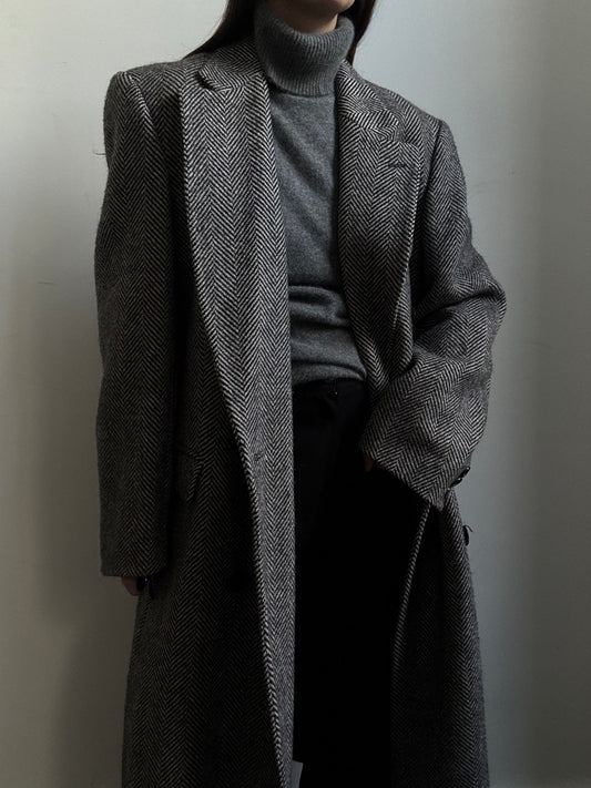 Vintage Grey + Black Herringbone Pattern Double-Breasted Trench Size large