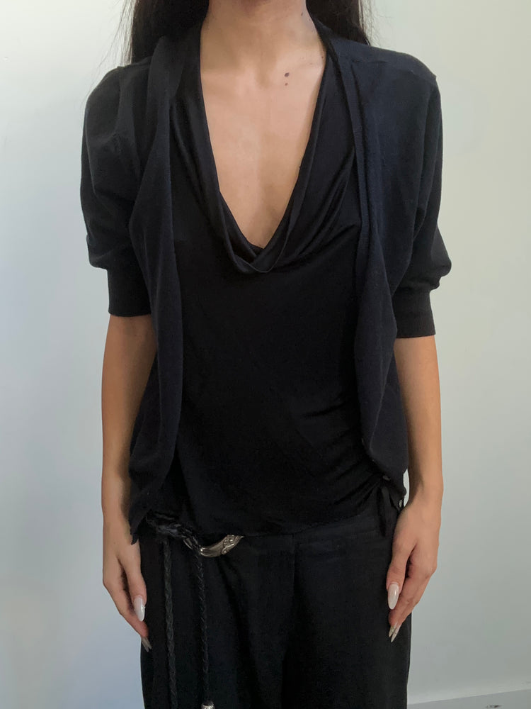 Vintage Black Quarter Sleeve Rib V-neck Sweater Size Medium