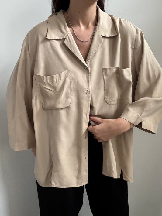 Vintage Tan Silk 3/4 Sleeve Button Up Size XL