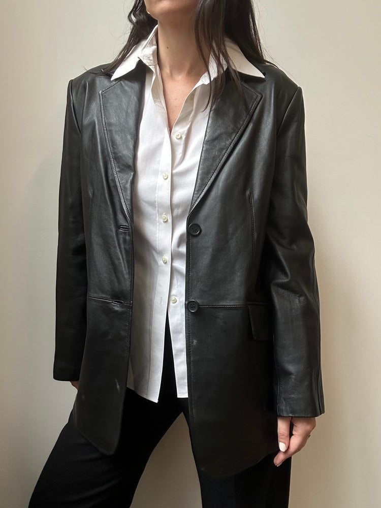 Vintage Smooth Genuine Leather Black Tailored Blazer Size 6-8