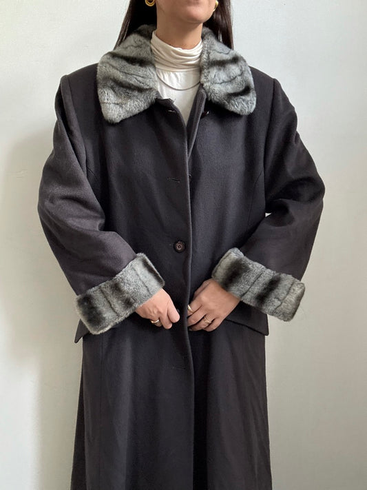 Vintage Gray Wool + Chinchilla Trim Floor-length Coat
