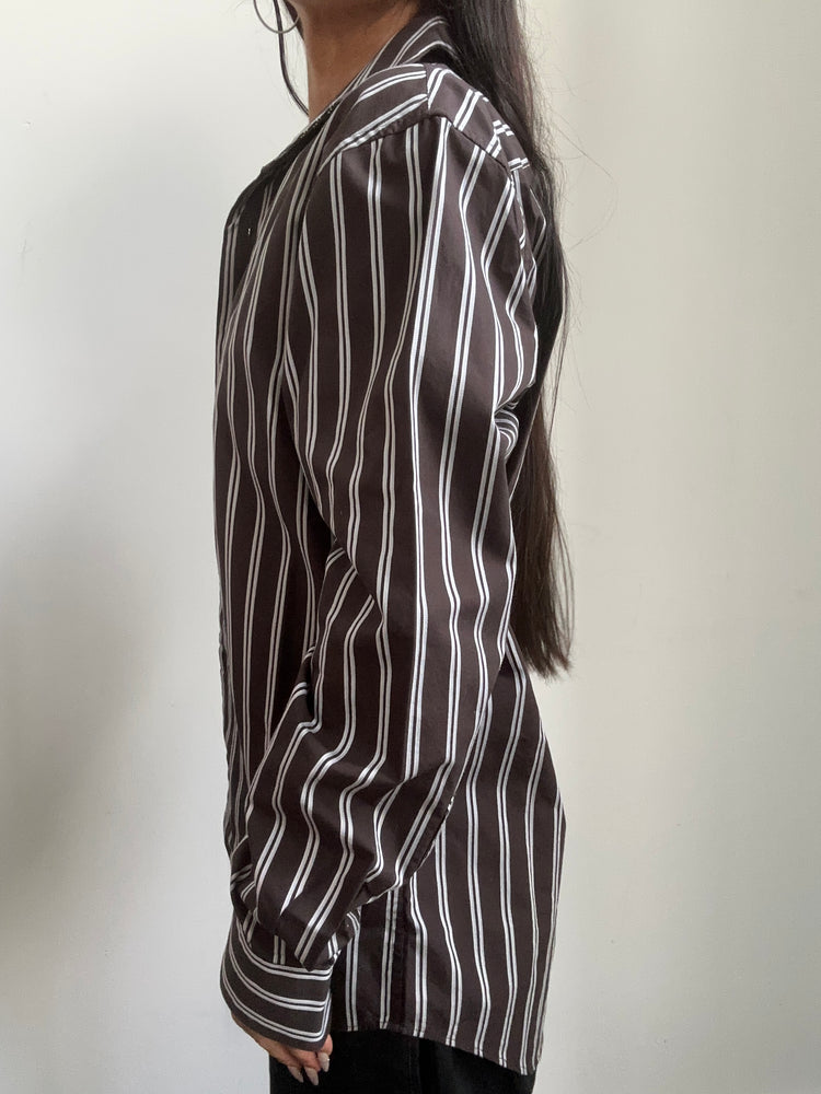 Vintage Brown + White Pinstriped Button-Up Size Small
