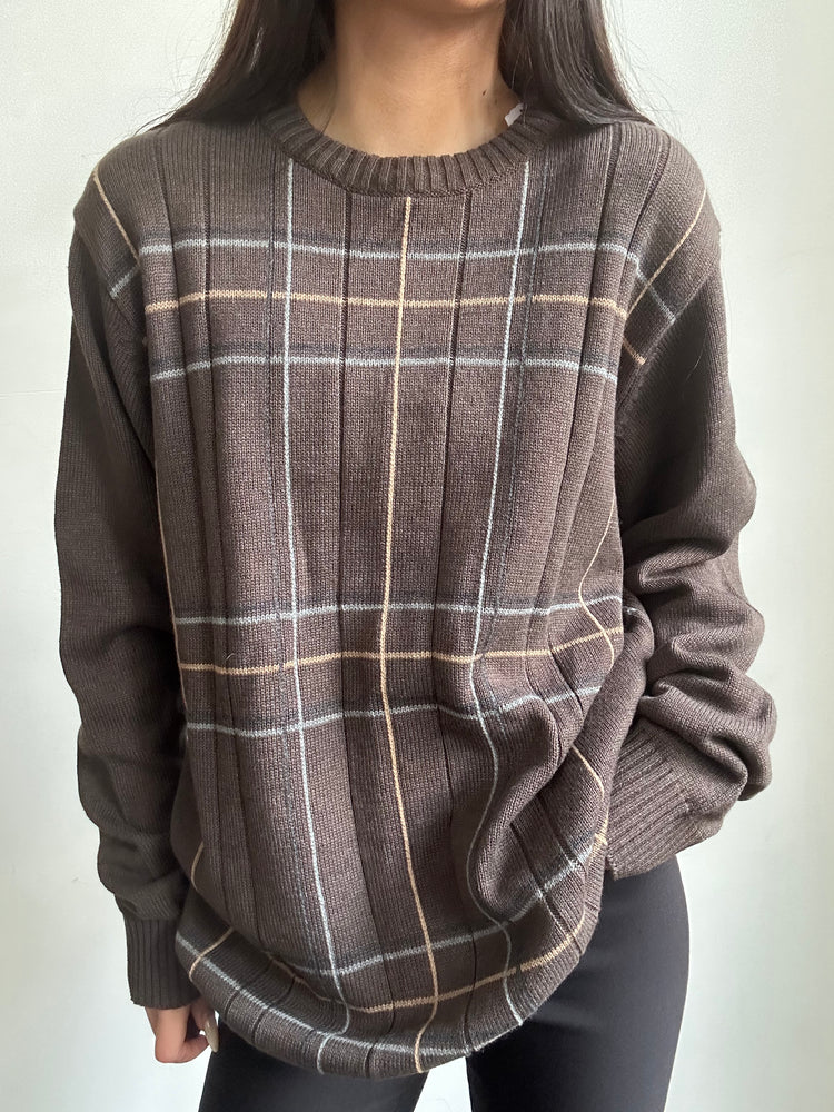 Vintage Oscar De La Renta Brown Ribbed Crew-Neck Sweater Size Large