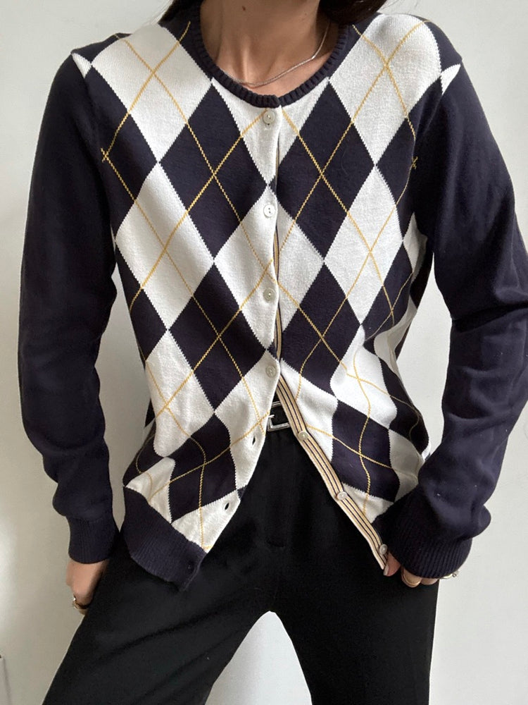 Vintage Navy + Yellow Argyle Cotton Knit Size Medium