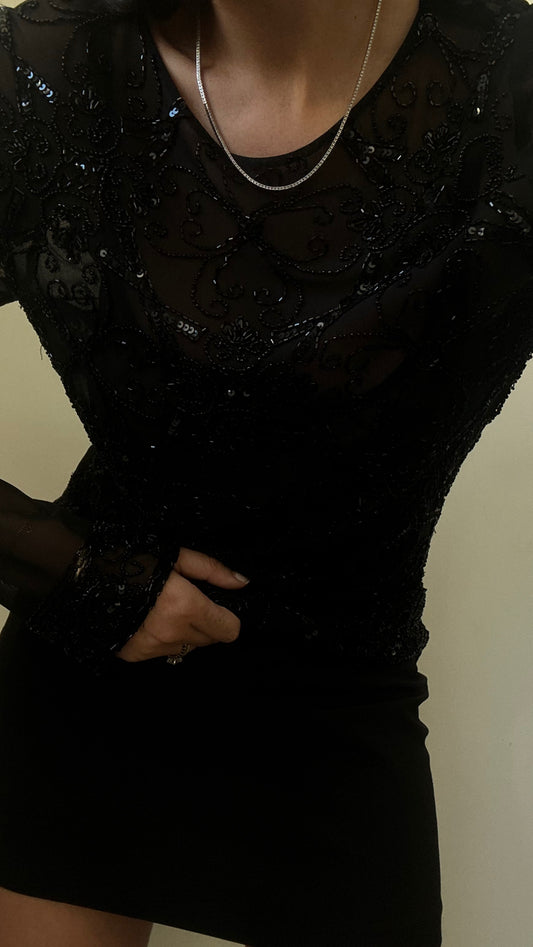 Vintage Black Sequin Sheer Top Size Medium