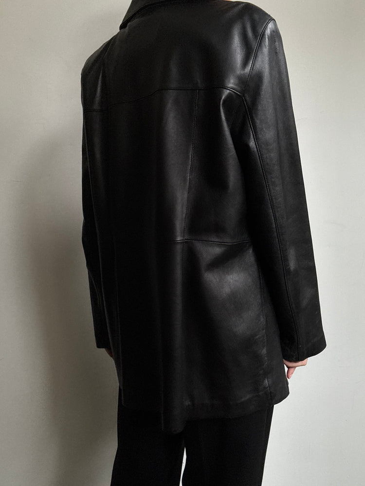 Vintage Black Buttoned Mid-Length Leather Jacket Size M