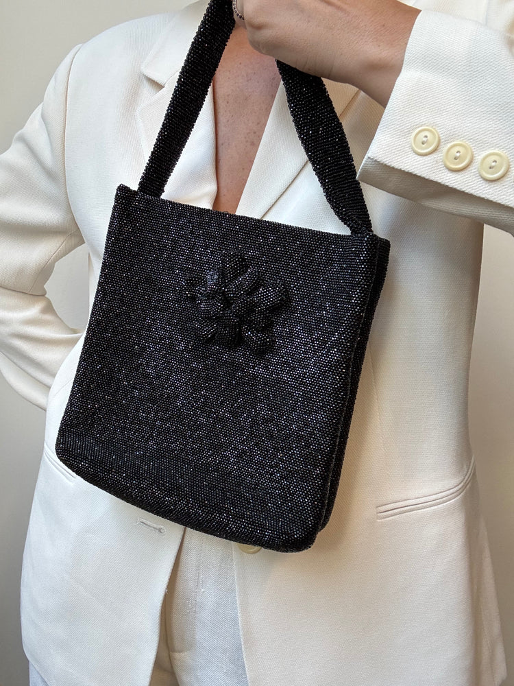 Vintage Black Beaded Square Structured Handbag