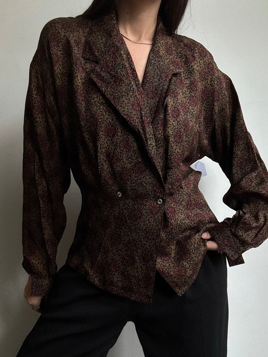 Vintage Stylized Floral Pattern Button Up Top Size Medium