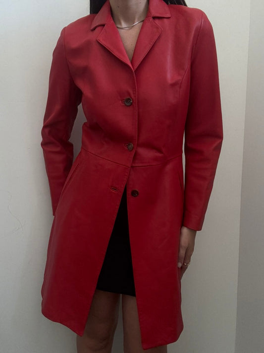 Vintage Cherry Red Mid-Length Leather Jacket Size Small