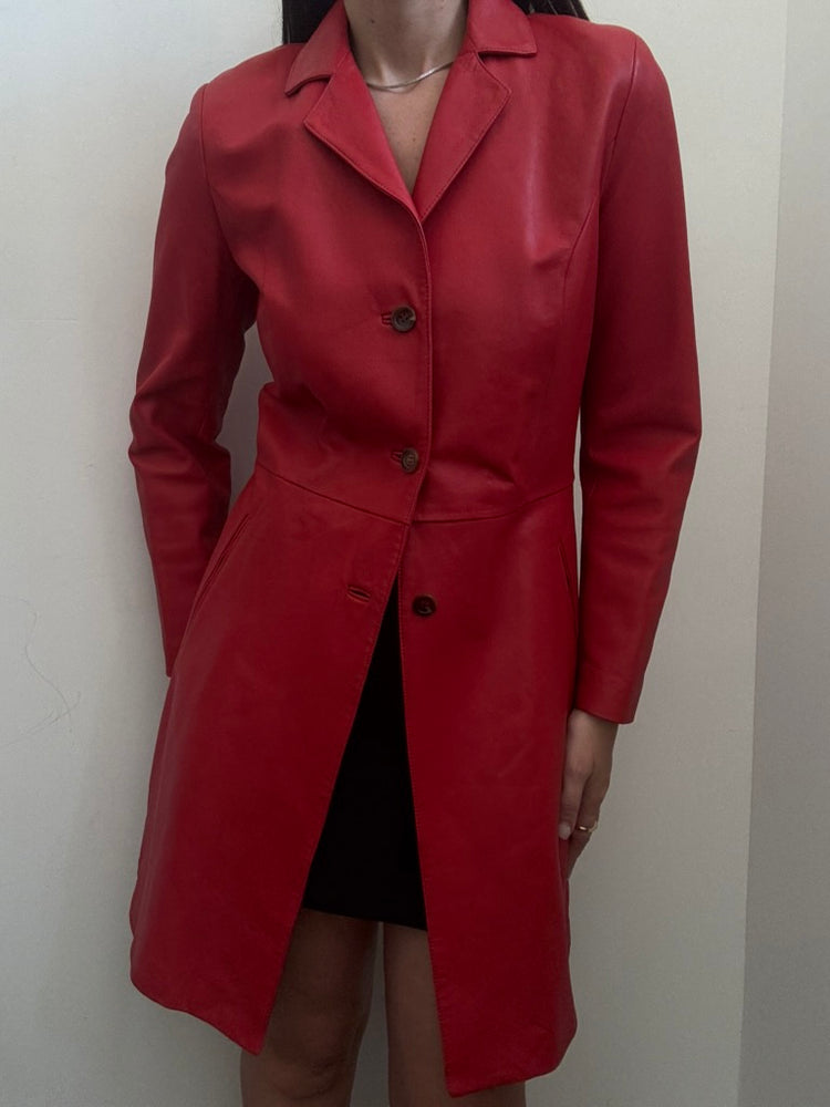 Vintage Cherry Red Mid-Length Leather Jacket Size Small