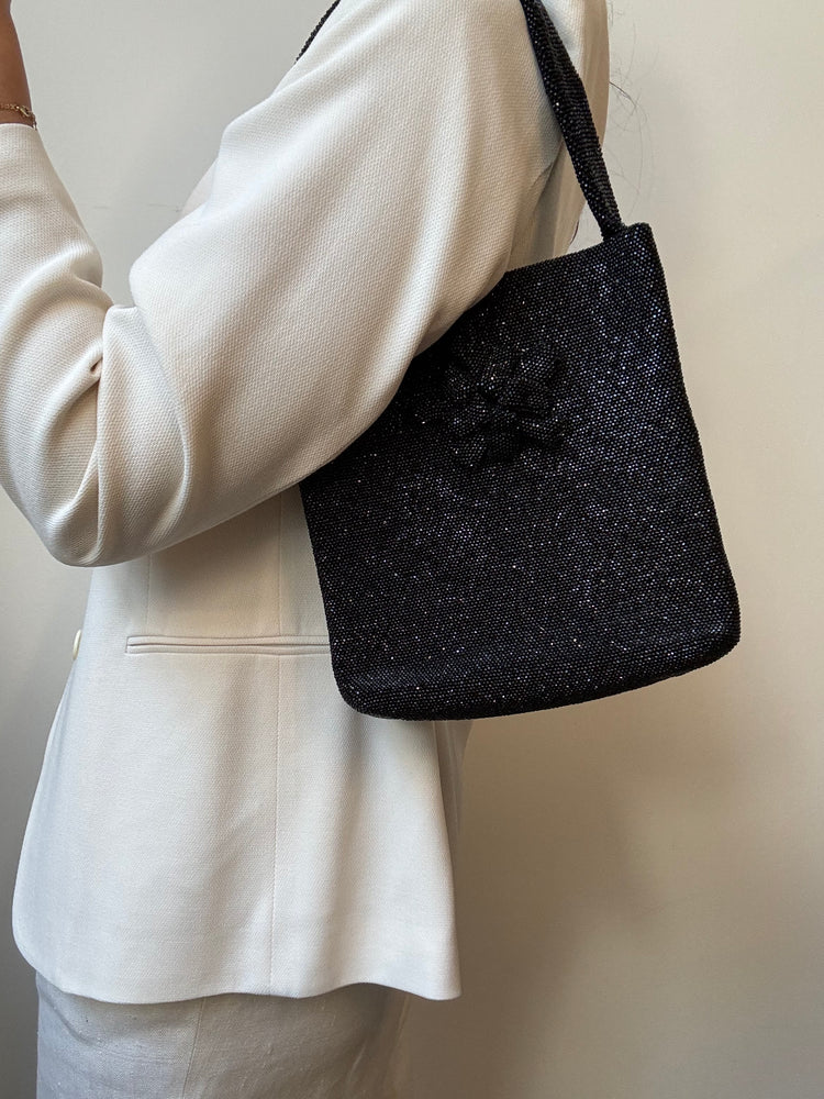 Vintage Black Beaded Square Structured Handbag