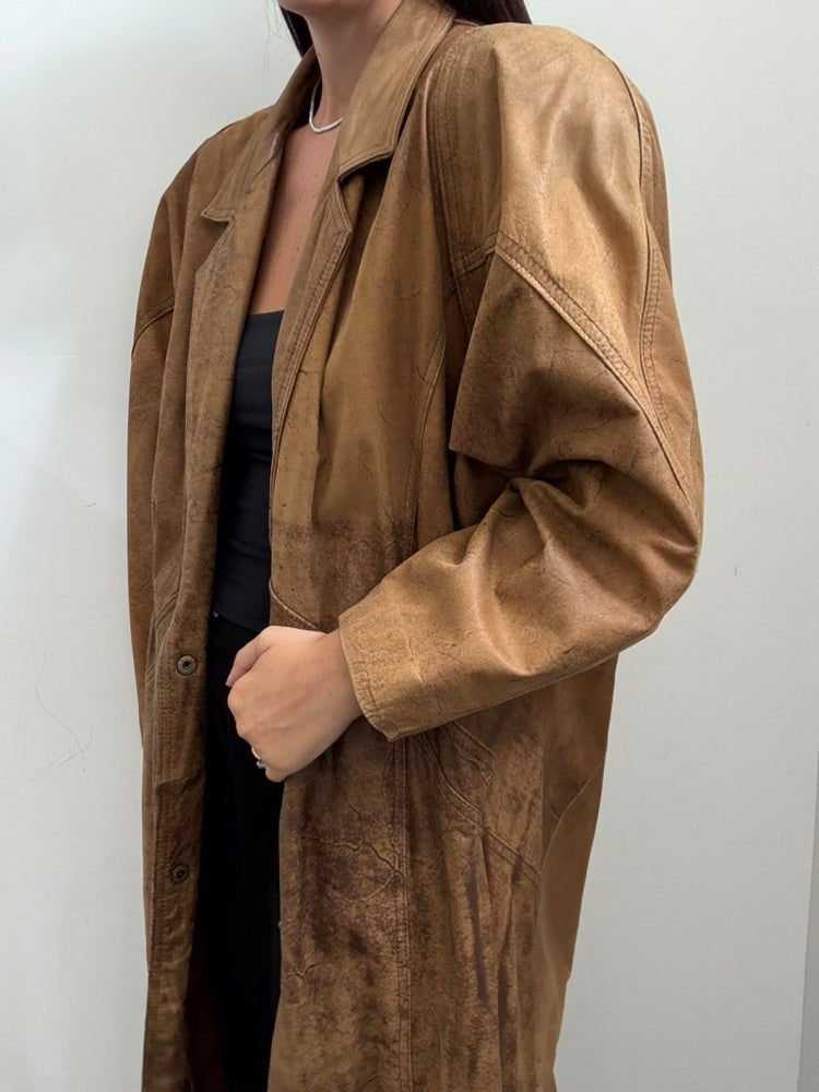 Vintage Brown Distressed Leather Trench Coat Size Large