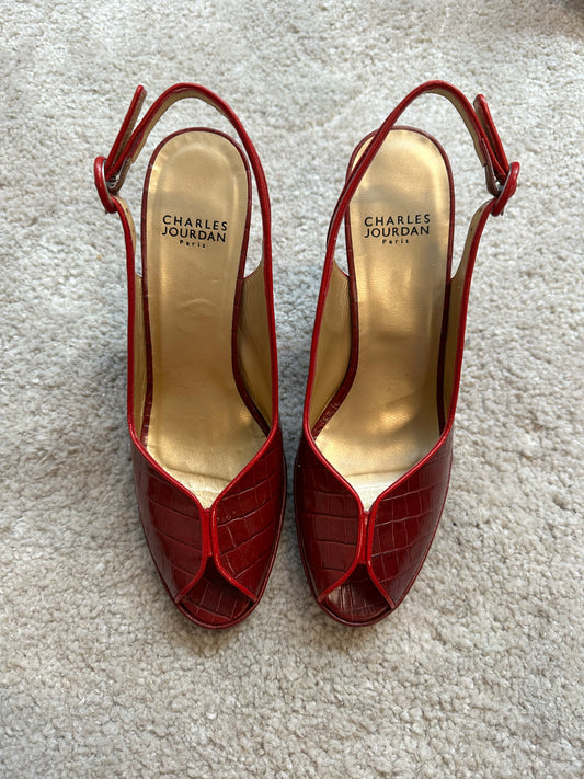 Vintage Charles Jourdan Red Open Toe Heels Size 7.5