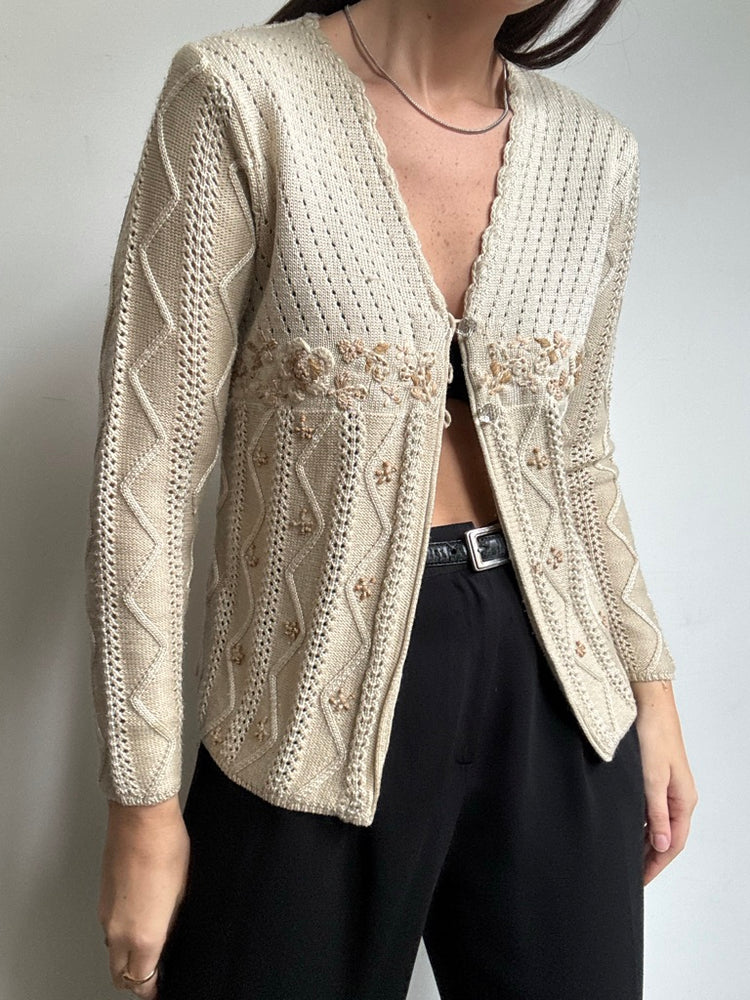 Vintage Beige Crochet + Embroidered Cardigan Size Medium