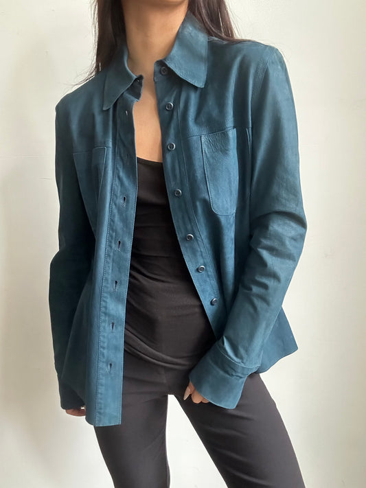 Vintage Teal Genuine Leather Button Up Size Medium