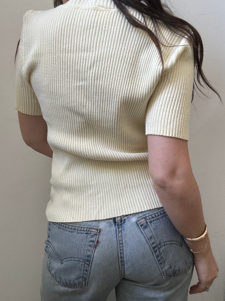 Vintage Butter Yellow Ribbed Knit Top Size Medium