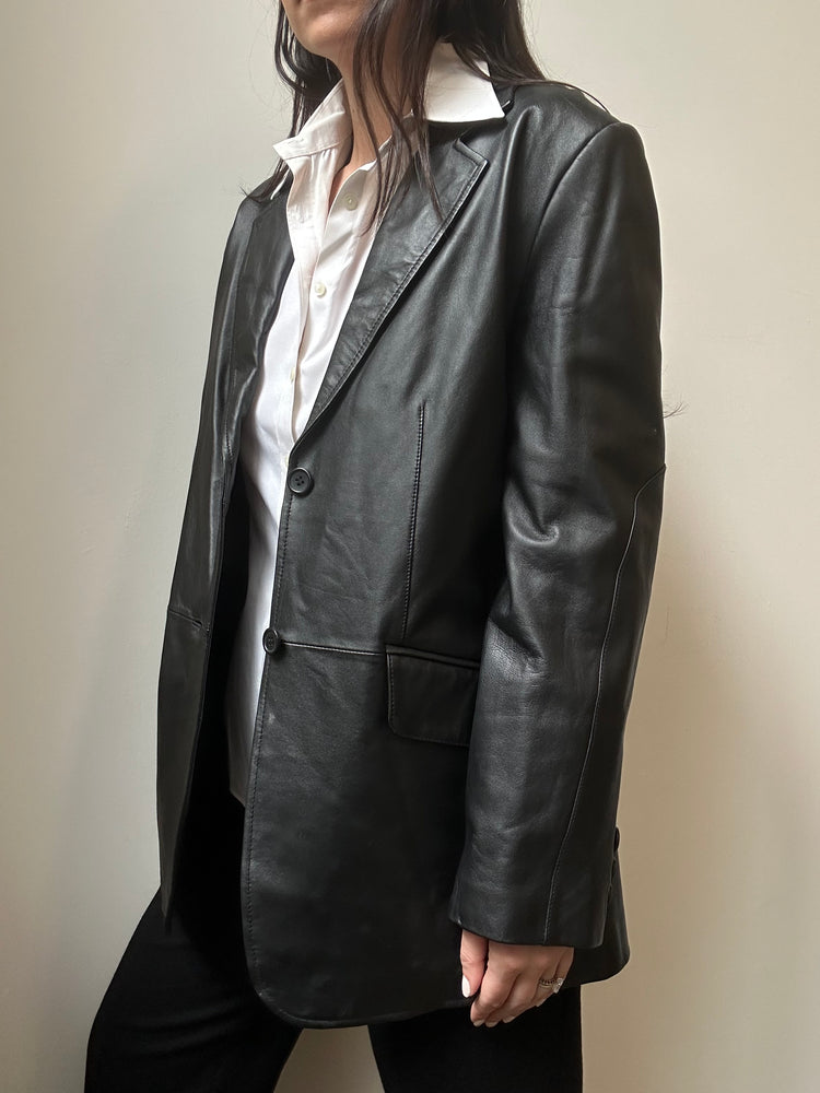 Vintage Smooth Genuine Leather Black Tailored Blazer Size 6-8