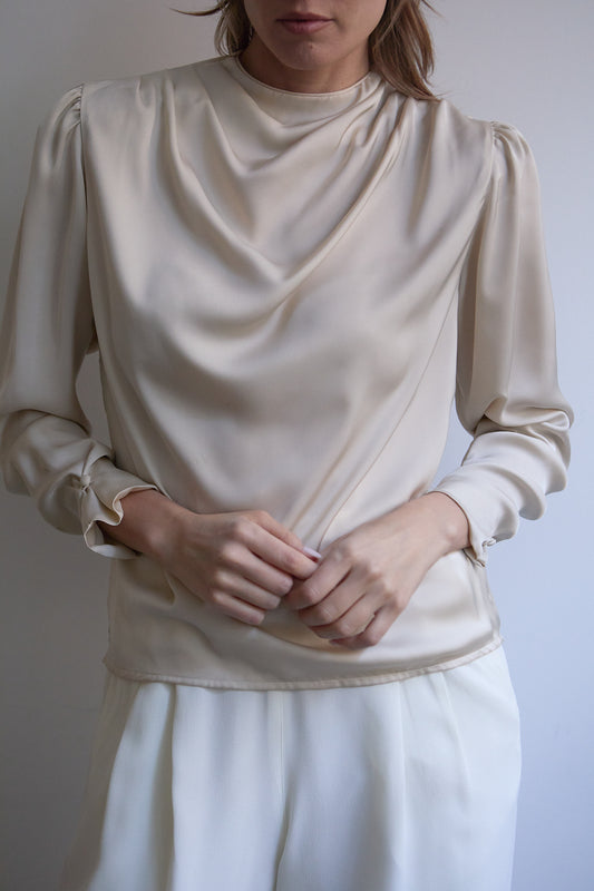Vintage Elegant Silky Draped Blouse in Beige Size S