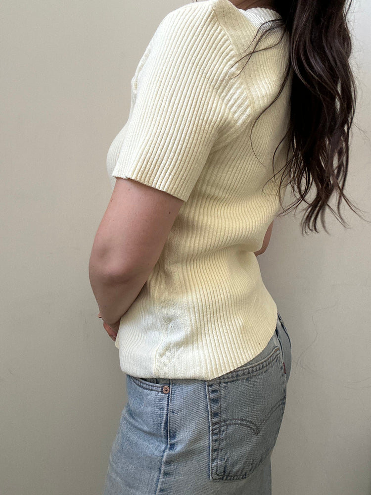 Vintage Butter Yellow Ribbed Knit Top Size Medium