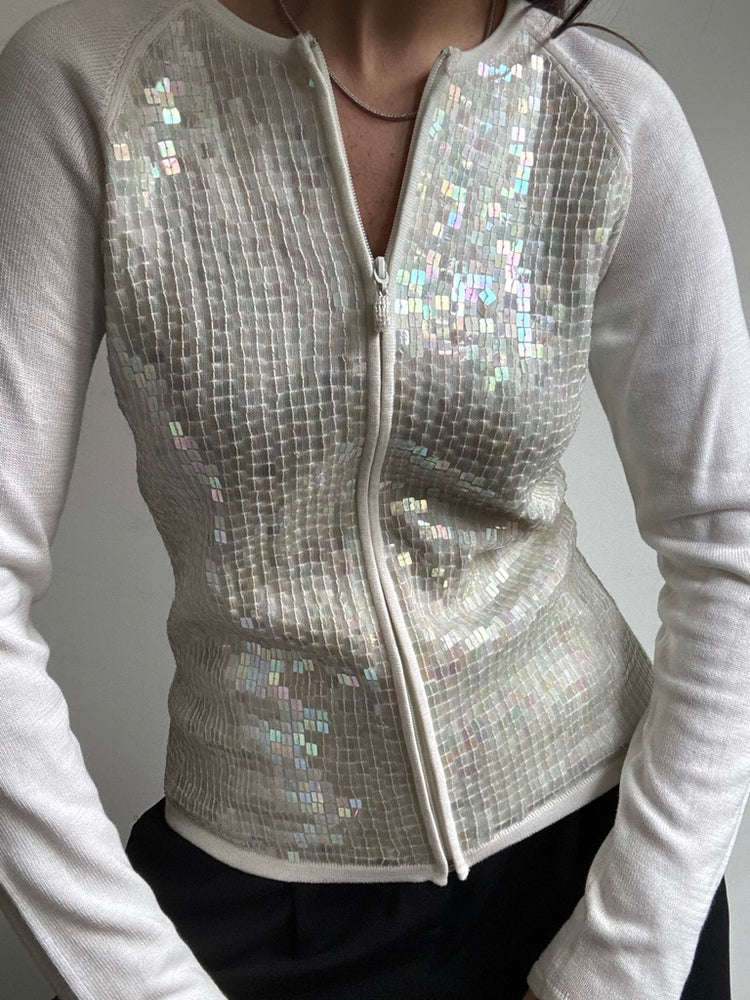 Vintage White Sequin Zip-Up Cardigan Size Medium