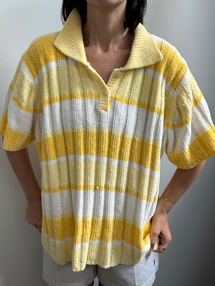 Vintage Chenille Yellow + White Striped Polo Size XL