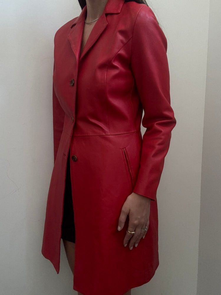 Vintage Cherry Red Mid-Length Leather Jacket Size Small