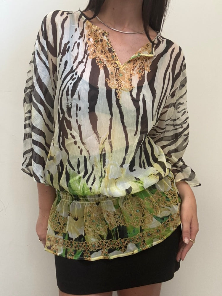 Sheer Zebra Print 3/4 Sleeve Cover-Up Size 2