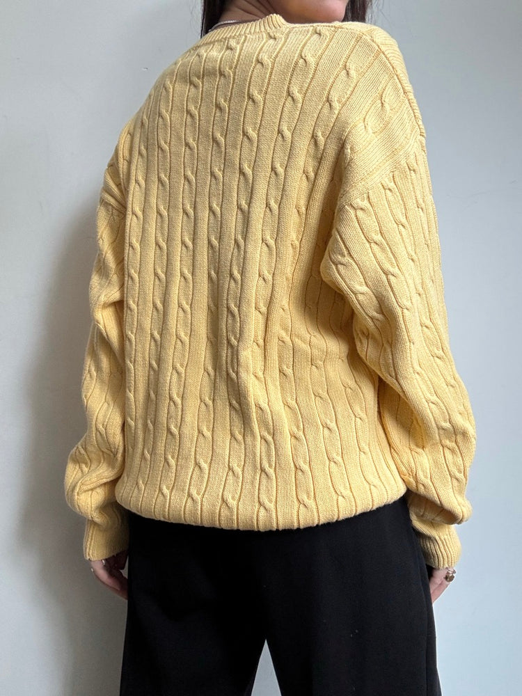 Vintage Yellow Cotton Cable Knit V-Neck Sweater Size Large