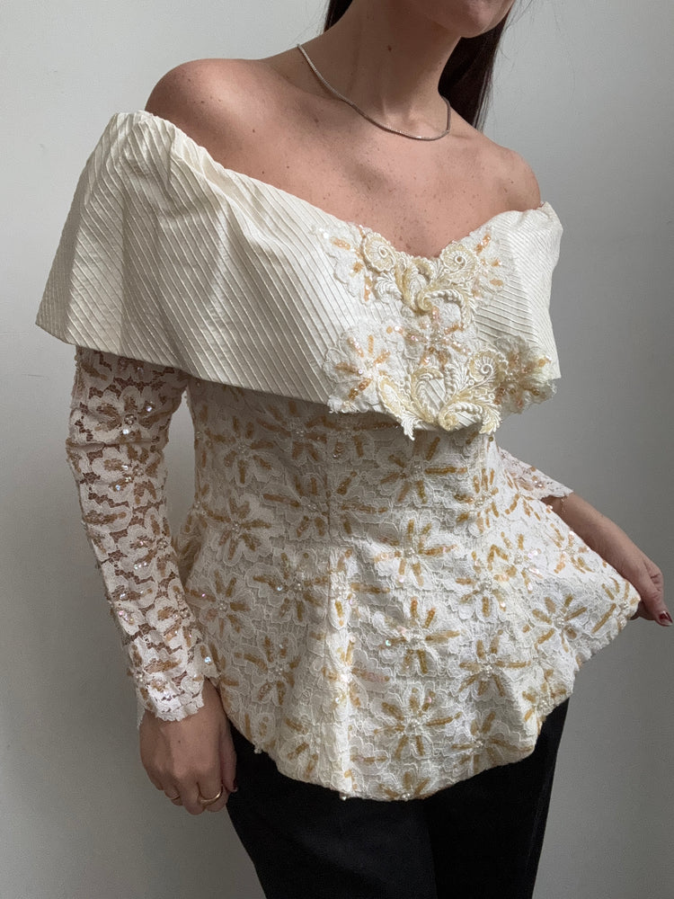 Vintage Ivory Off the Shoulder 80's Top Large