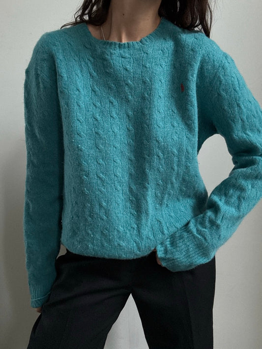 Vintage Ralph Lauren Teal Lambswool Cable Knit Sweater Size Medium