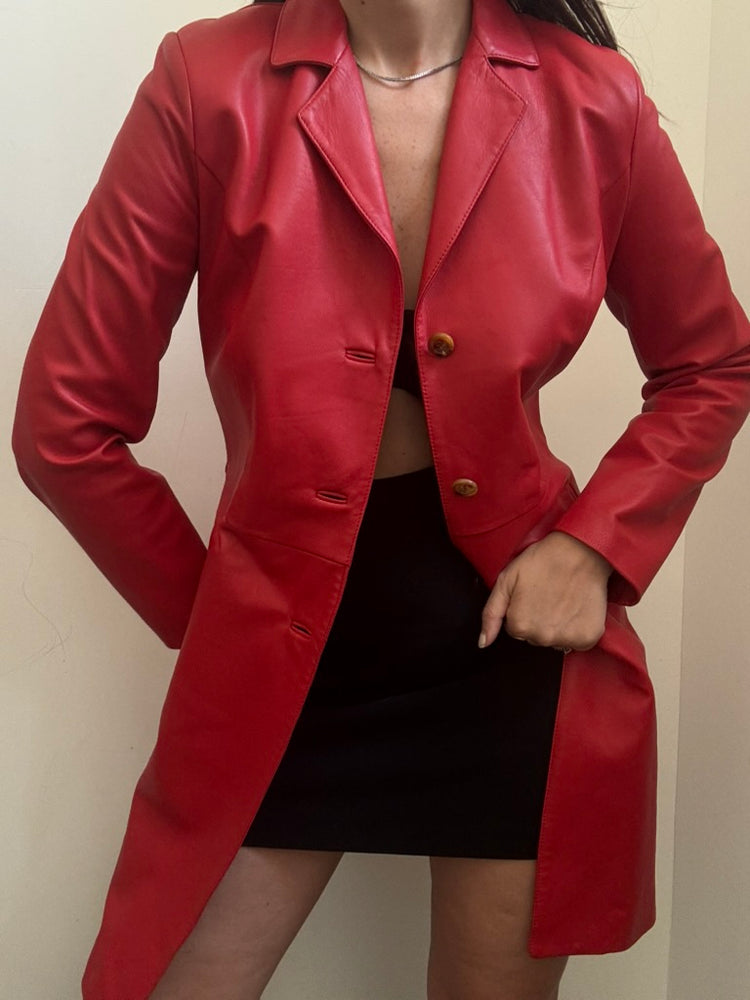 Vintage Cherry Red Mid-Length Leather Jacket Size Small